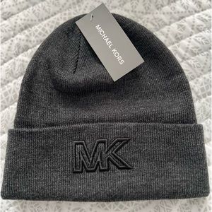 Michael Kors, MK, dark gray beanie unisex NWT. Embroidered MK logo.